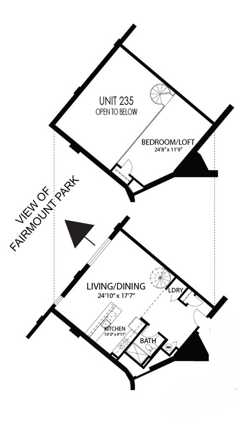 Floor plan for 1 bed, 1 bath, 955 sqft